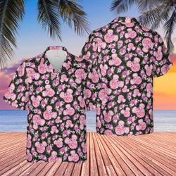 Fuchsia Pink Floral Minnie Ears - Disney Inspired Men's Button Down Short-Sleeved Shirt Gift For Your Girlfriend Boyfriend Gift For Love Gift For Friend Best Valentine Present Holiday Gift