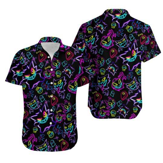 Gengar Ghost PKM Hawaiian Shirt, Button Up Shirt Gift For Your Girlfriend Boyfriend Gift For Love Gift For Friend Best Valentine Present Holiday Gift