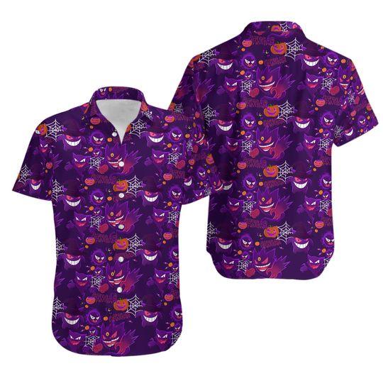 Gengar Halloween Violet Pattern Pumpkin Hawaiian Shirt Gift For Your Girlfriend Boyfriend Gift For Love Gift For Friend Best Valentine Present Holiday Gift