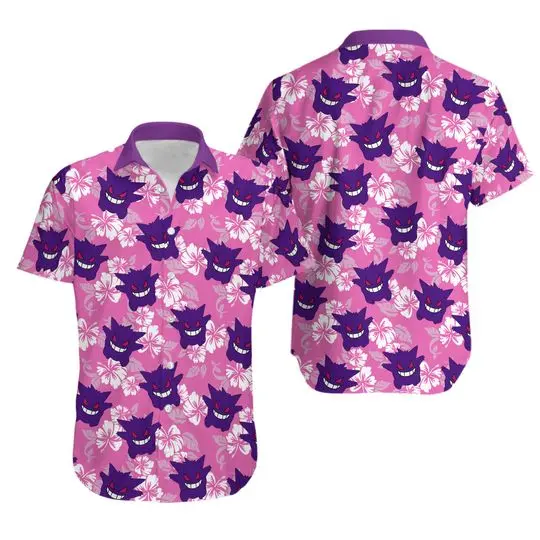 Gengar PKM GhostPoison Animal Tropical Button Down Hawaiian Shirt Gift For Your Girlfriend Boyfriend Gift For Love Gift For Friend Best Valentine Present Holiday Gift
