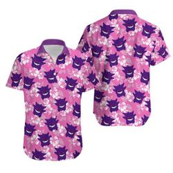 Gengar PKM GhostPoison Animal Tropical Button Down Hawaiian Shirt Gift For Your Girlfriend Boyfriend Gift For Love Gift For Friend Best Valentine Present Holiday Gift