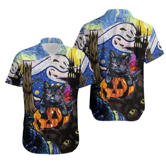 Black Cat Starry Night Hawaiian Shirt Gift For Your Girlfriend Boyfriend Gift For Love Gift For Friend Best Valentine Present Holiday Gift