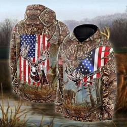 Deer Hunting Camo American Flag All Over Print Hoodie
