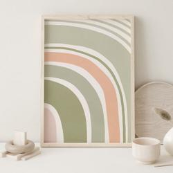 Sage Green Poster, Poster Wall Art, Abstract Rainbow Art, Sage Green Aesthetic, Rainbow Illustration, Boho Sage Green Peach Art | 1002