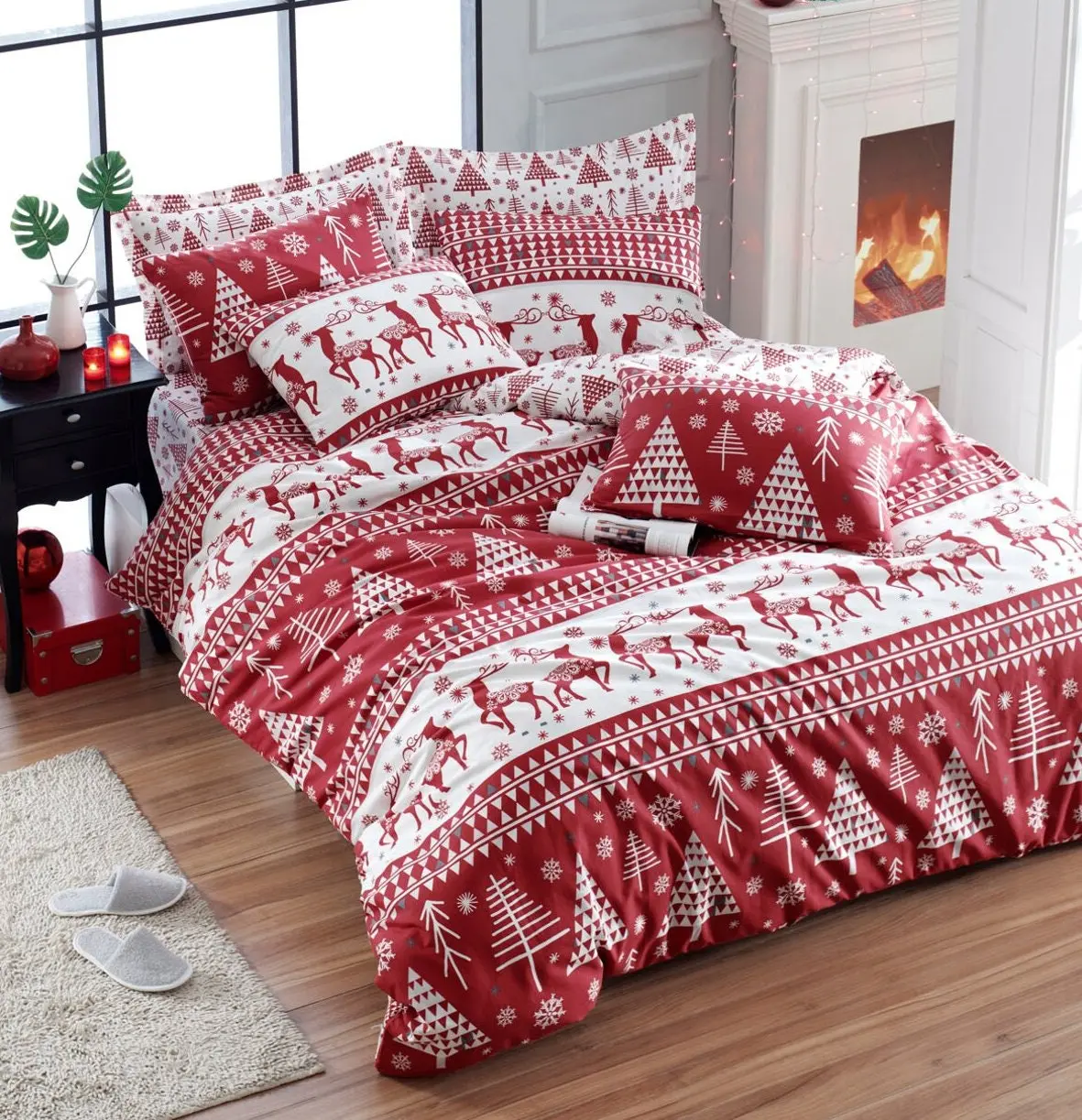 Christmas themed pine tree, deer & snowflakes Bedding Set Gift For Your Girlfriend Boyfriend Gift For Love Gift For Friend Best Valentine Present Holiday Gift