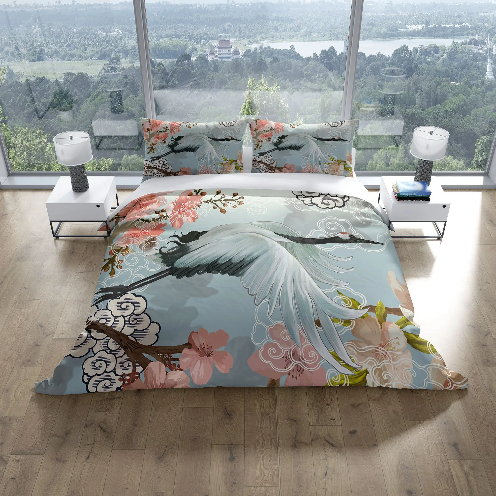 Cranes Cloud Peach Blossom Duvet Cover Set, Botanical Quilt Cover Bedding Set PillowcasesGift For Your Girlfriend Boyfriend Gift For Love Gift For Friend Best Valentine Present Holiday Gift