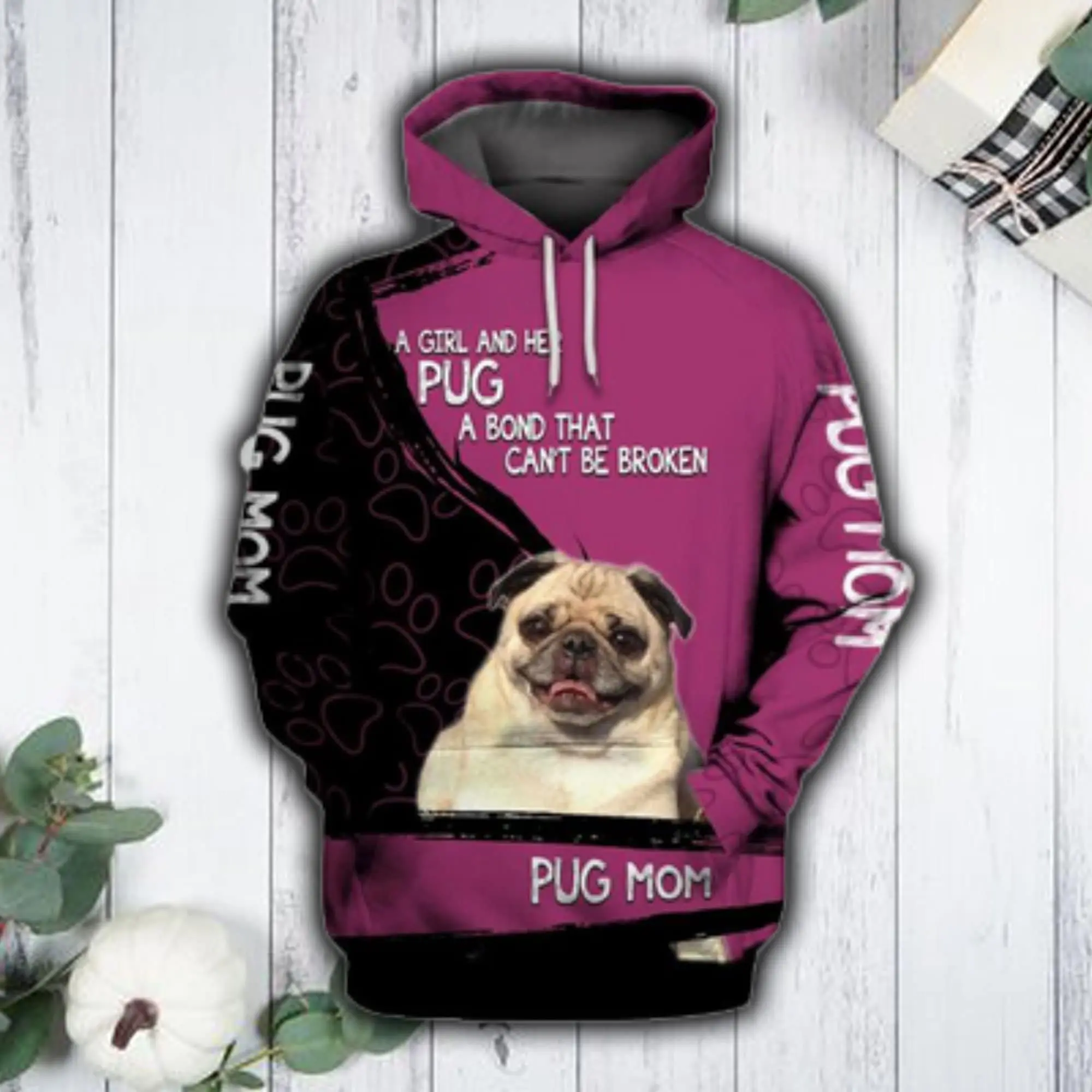 Unisex Pink Pug Mom Sweatshirt Hoodie, Pink Pug Mom Hoodie, Pink Pug Mom