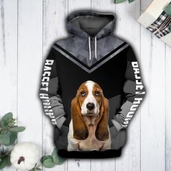 Unisex Black White Basset Hound Sweatshirt Hoodie, Cute Basset Hound Hoodie