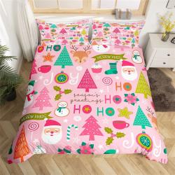 Pink Christmas Handmade Duvet Cover, Cartoon Santa Claus Bedding Set Gift For Your Girlfriend Boyfriend Gift For Love Gift For Friend Best Valentine Present Holiday Gift