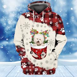 Cream Dog In Snow Pocket Merry Christmas Unisex 3D Hoodie