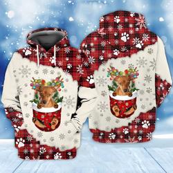 Red Dog In Snow Pocket Merry Christmas Unisex 3D Hoodie