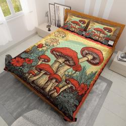 Abstract Mushroom Hippie Style Bedding sets, Vintage Mushroom Autumn Fall Quilt Blanket, Christmas House Decoration