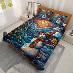 Vintage Snowman Christmas Tree in Starry Night Bedding Set, Snowman Snowflakes, Christmas GiftGift For Your Girlfriend Boyfriend Gift For Love Gift For Friend Best Valentine Present Holiday Gift