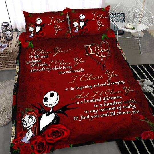 Jack Skellington And Sally couple with roses Bedding Set Gift For Your Girlfriend Boyfriend Gift For Love Gift For Friend Best Valentine Present Holiday Gift