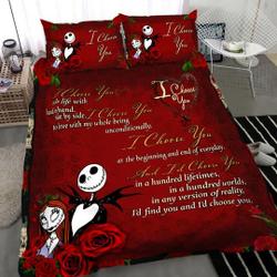 Jack Skellington And Sally couple with roses Bedding Set Gift For Your Girlfriend Boyfriend Gift For Love Gift For Friend Best Valentine Present Holiday Gift