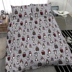 King Size White Grey Christmas Snowy Penguins And Stars Bedding Set Gift For Your Girlfriend Boyfriend Gift For Love Gift For Friend Best Valentine Present Holiday Gift