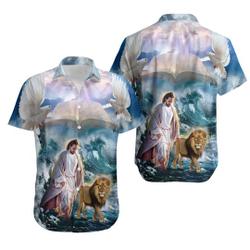 Lion And Jesus Walk On Water Christian Hawaiian Shirt Gift For Your Girlfriend Boyfriend Gift For Love Gift For Friend Best Valentine Present Holiday Gift
