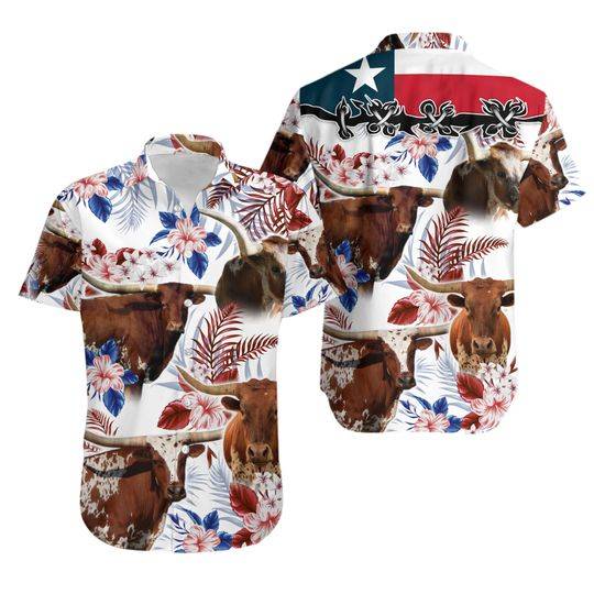 Longhorn Cattle Lovers Texas Flag Hawaiian Shirt Gift For Your Girlfriend Boyfriend Gift For Love Gift For Friend Best Valentine Present Holiday Gift