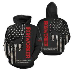 Men' Ironworker Skull US Flag 3D Pullover All Over Print Black Hoodie - I Don't Stop When I'm Tired I'm Stop When I'm Done