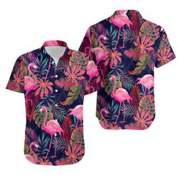 Men's Botanical Flamingo Print Casual  Hawaiian Shirt Gift For Your Girlfriend Boyfriend Gift For Love Gift For Friend Best Valentine Present Holiday Gift