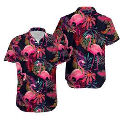 Mens Botanical Flamingo Print Casual Short Sleeve Shirt Hawaiian Funky Colorful Top Gift For Your Girlfriend Boyfriend Gift For Love Gift For Friend Best Valentine Present Holiday Gift