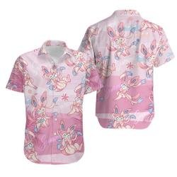 Sylveon Beach PKM.pink.Hawaiian Shirt, Button Up Shirt, PKM Hawaiian Shirt, Aloha Shirt, Hawaiian Anime Shirt Gift For Your Girlfriend Boyfriend