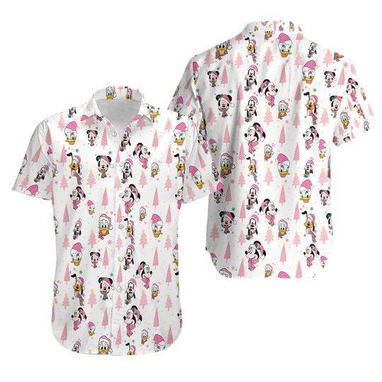 Mickey and Friends Hwaiian Shirt, Disney Pink Christmas Shirts, Christmas Tree Button Up Shirt, Wdw Shirt, Mickey's Very Merry Xmas Shirt