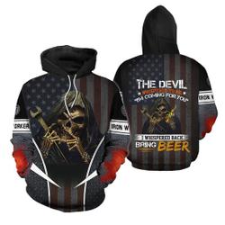 Men's The Devil Whispered To Me I'm Coming For You I Whisper Back Bring Beer 3D Pullover All Over Print Hoodie