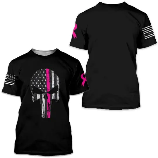 Punisher Skull Thin Pink Line | Cancer Support T-shirt | Patriotic Cancer Support Ribbon | USA Flag 3D T-shirt Meaningful Gift For Family Gift For Boyfriend Valentine Gift