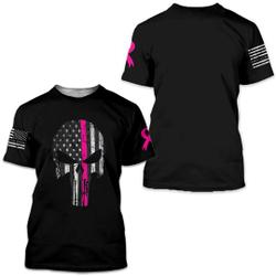 Punisher Skull Thin Pink Line | Cancer Support T-shirt | Patriotic Cancer Support Ribbon | USA Flag 3D T-shirt Meaningful Gift For Family Gift For Boyfriend Valentine Gift