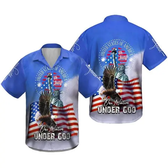 One Nation Under God American Flag Eagle And The Statue Of Liberty Hawaiian Shirt Gift For Your Girlfriend Boyfriend Gift For Love Gift For Friend Best Valentine Present Holiday Gift