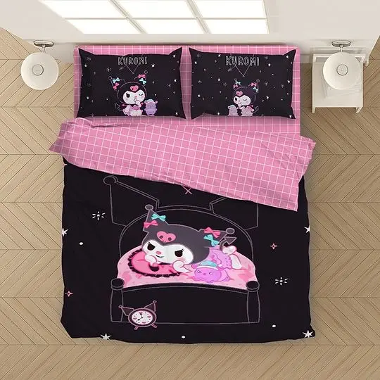 Pink Black Duvet Cover Set, Hello Kitty, Kuromi Bedding Set Gift For Your Girlfriend Boyfriend Gift For Love Gift For Friend Best Valentine Present Holiday Gift