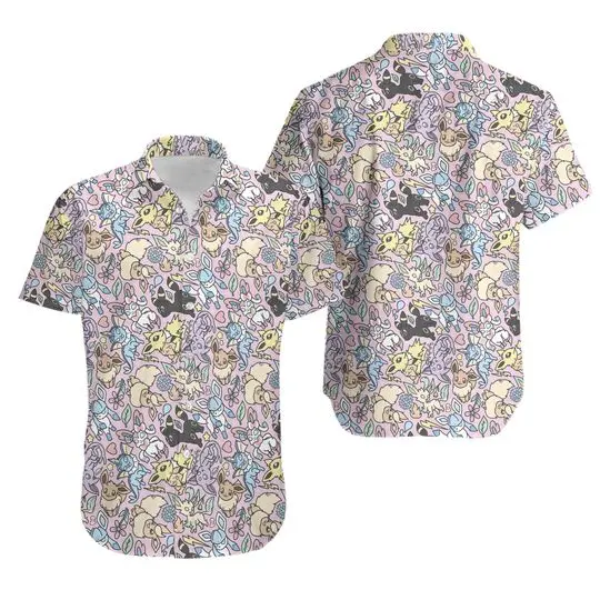 PKM Button Up Shirt, Eevee Evolution Hawaiian Shirt Gift For Your Girlfriend Boyfriend Gift For Love Gift For Friend Best Valentine Present Holiday Gift