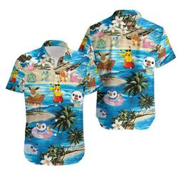 PKM Hawaii Shirt, Bulbasaur Charmander Button Up Pika Summer Vacation Beach Family Shirt Gift For Your Girlfriend Boyfriend Gift For Love Gift For Friend Best Valentine Present Holiday Gift