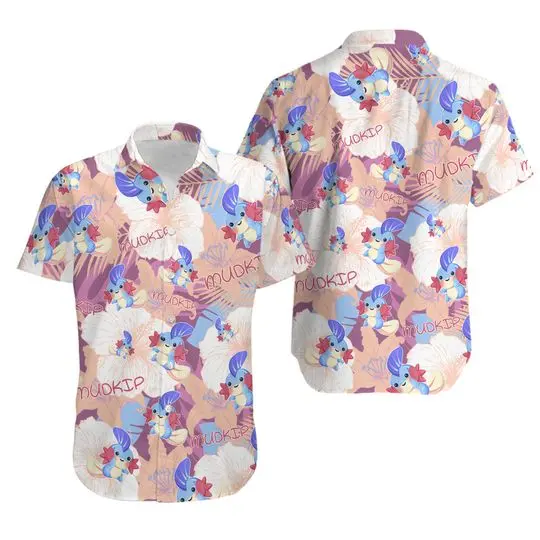 PKM Mudkip Hawaiian Flowers Pattern Shirt Gift For Your Girlfriend Boyfriend Gift For Love Gift For Friend Best Valentine Present Holiday Gift