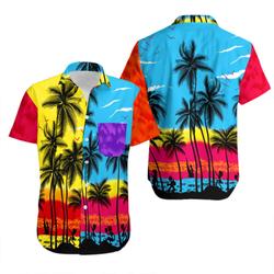 Palm Tree Sunset Hawaiian Shirt, Hawaiian Short All Over Printed For Men Women- Vintage Beach shirt Aloha Shirt Gift For Your Girlfriend Boyfriend Gift For Love Gift For Friend Best Valentine Present Holiday Gift