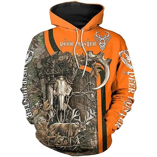 Love Deer Hunter Camo Skull Orange 3D Hoodie