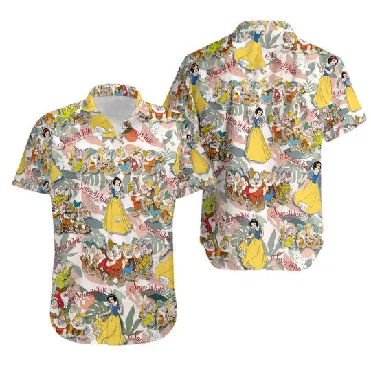 Snow White & The Seven Disney Hawaiian Summer Tropical Print Vacation Button Down Shirt Gift For Your Girlfriend Boyfriend Gift For Love Gift For Friend Best Valentine Present Holiday Gift