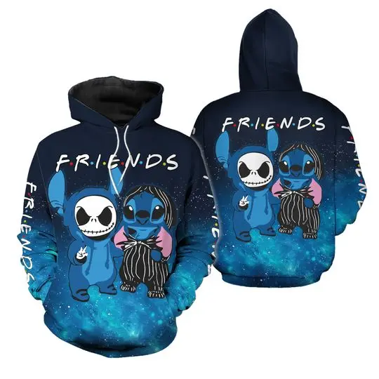 Stich And Jack Hoodie 3D, Jack Skellington Cross Stich Friends Hoodie