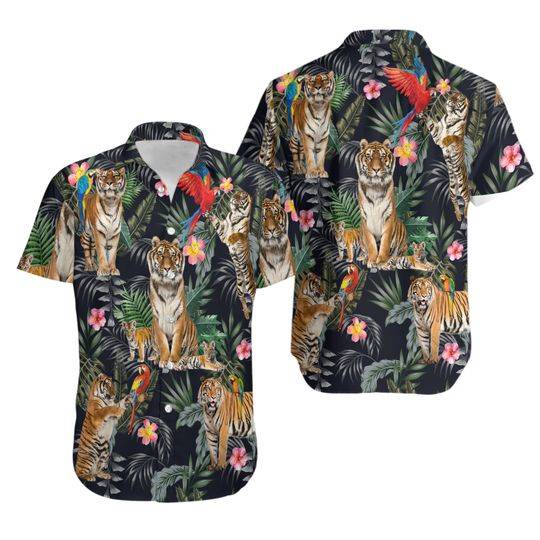 Tiger Hawaiian Shirt - Tiger And Parrot Tropical Button Down Shirts Gift For Your Girlfriend Boyfriend Gift For Love Gift For Friend Best Valentine Present Holiday Gift