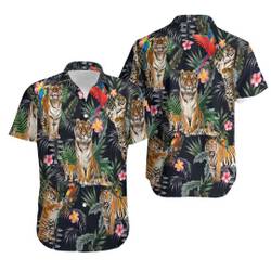 Tiger Hawaiian Shirt - Tiger And Parrot Tropical Button Down Shirts Gift For Your Girlfriend Boyfriend Gift For Love Gift For Friend Best Valentine Present Holiday Gift
