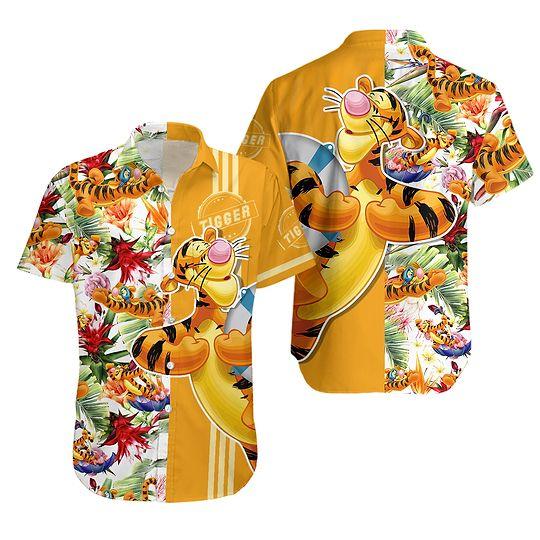 Tigger the Tiger Floral Hawaii Beach Pattern Disney Hawaiian Button Down Shirt Gift For Your Girlfriend Boyfriend Gift For Love Gift For Friend Best Valentine Present Holiday Gift