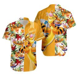 Tigger the Tiger Floral Hawaii Beach Pattern Disney Hawaiian Button Down Shirt Gift For Your Girlfriend Boyfriend Gift For Love Gift For Friend Best Valentine Present Holiday Gift