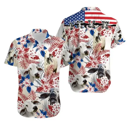 Tropical Floral Brahman Cow American Flag Hawaiian Shirt Gift For Your Girlfriend Boyfriend Gift For Love Gift For Friend Best Valentine Present Holiday Gift