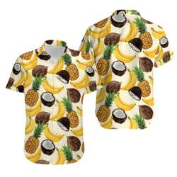 Unisex Summer Fruits Coconut Banana Pineapple 3D Hawaiian Shirt Gift For Your Girlfriend Boyfriend Gift For Love Gift For Friend Best Valentine Present Holiday Gift