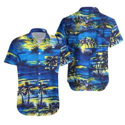 Vintage Blue & Yellow Palm Tree Sunset Hawaiian Shirt Gift For Your Girlfriend Boyfriend Gift For Love Gift For Friend Best Valentine Present Holiday Gift