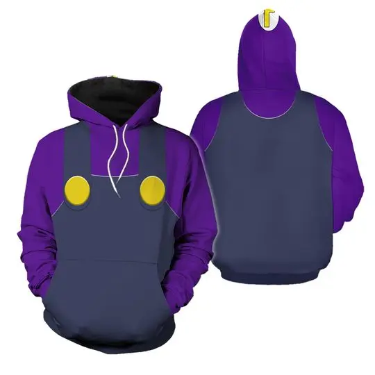 Waluigi Super Mario 3D All Over Print Hoodie, Halloween Cosplay 3D Hoodie
