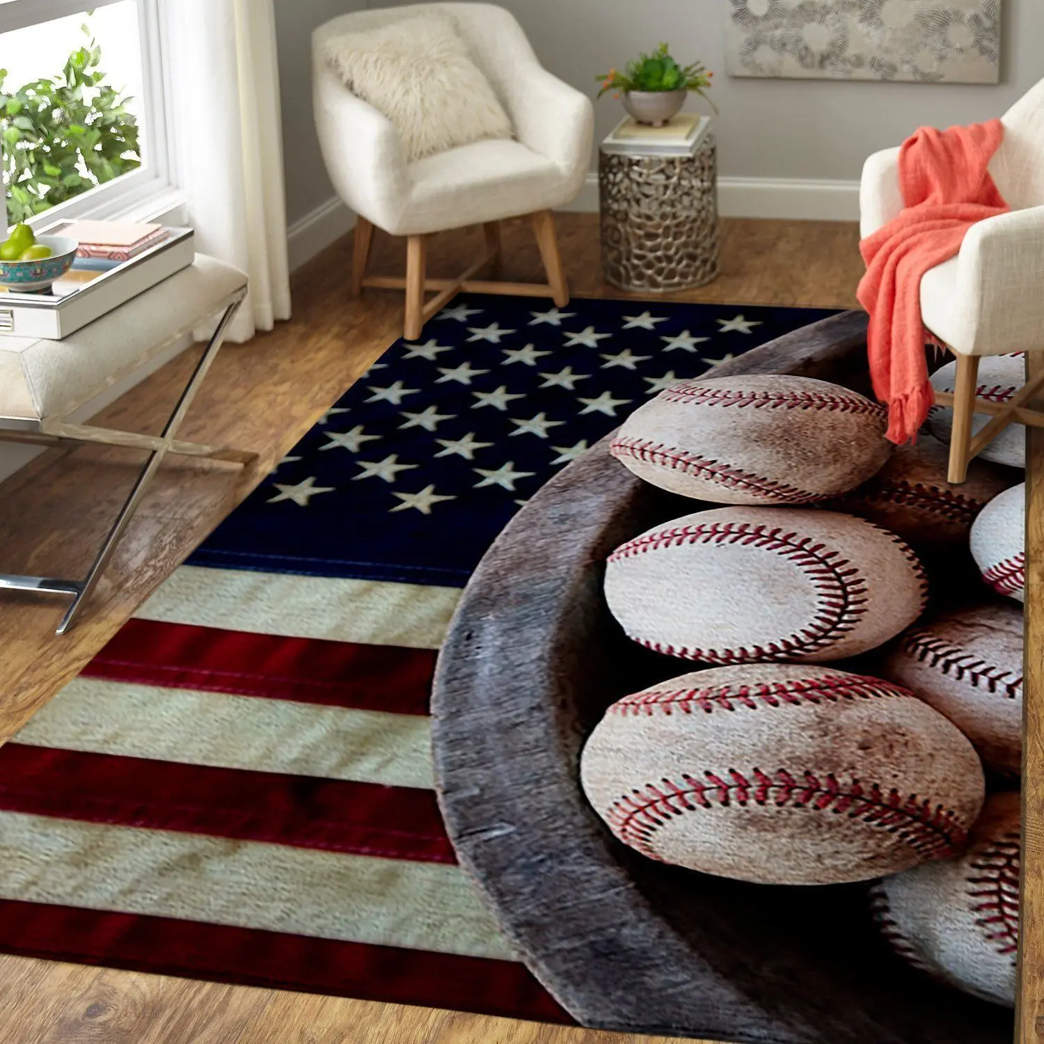 Baseball Ball On American Flag Area Rug Rug Regtangle Carpet Floor Decor Home Decor