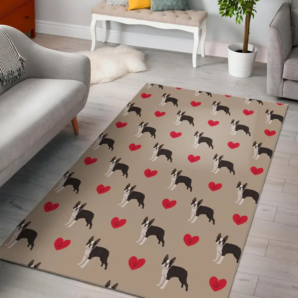 Boston Terrier Heart Paw Pattern Print Area Rug Living Room Rug Home Decor