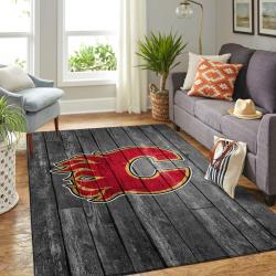 Calgary Flames Nhl Rug Hockey Living Room Gray Wooden Home Rug Regtangle Carpet
